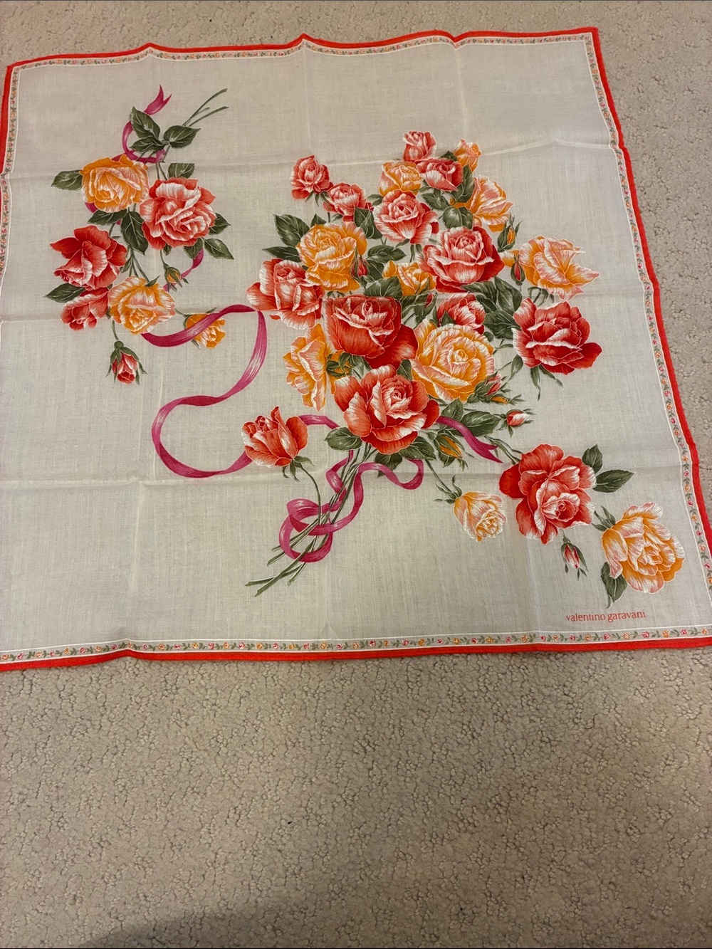 Vintage Valentino Garavani Rose Print Cotton Handkerchief Bandana Scarf👝
